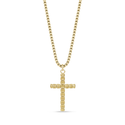 Gold stainless steel box link cross pendant necklace with round box link chain