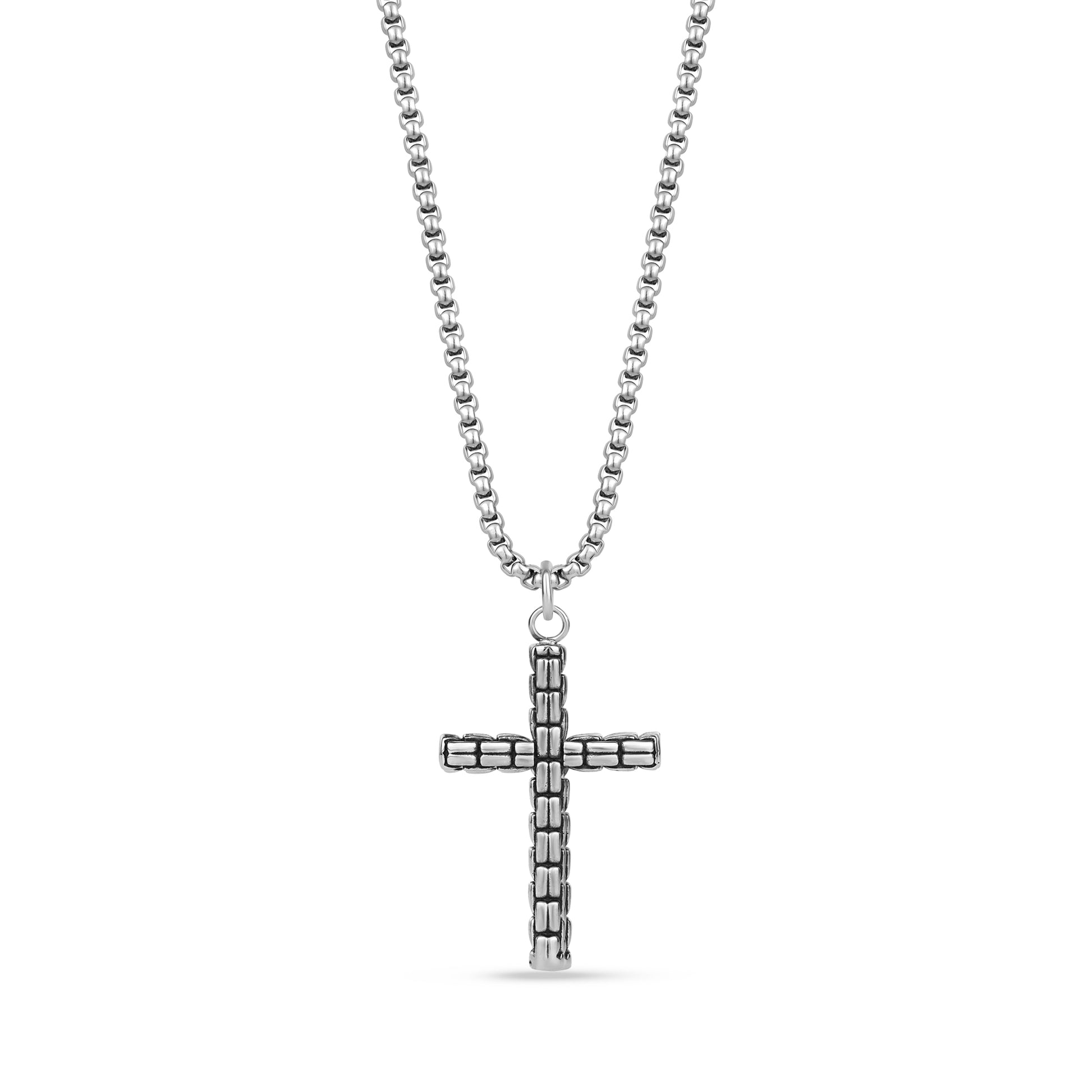 Silver stainless steel box link cross pendant necklace with round box link chain
