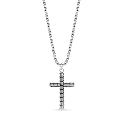 Silver stainless steel box link cross pendant necklace with round box link chain