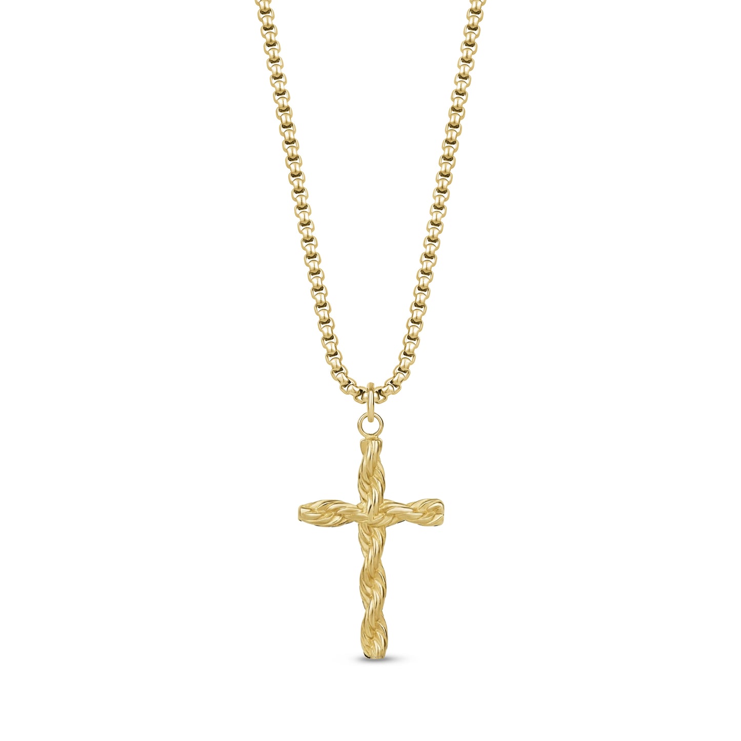 Gold twisted rope cross pendant necklace with 2mm round box link chain, adjustable length