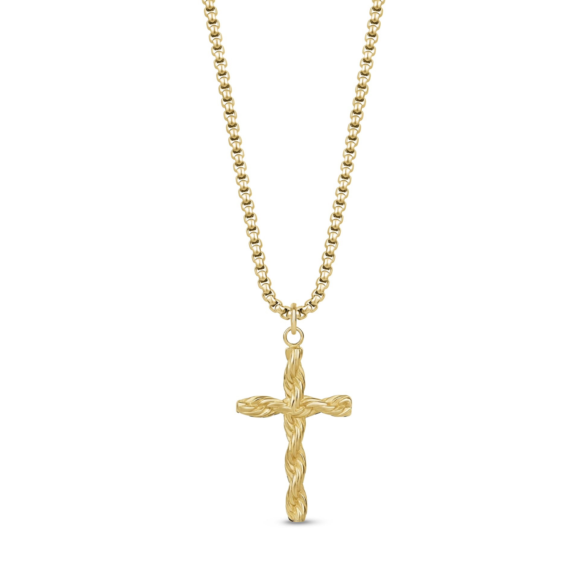 Gold twisted rope cross pendant necklace with 2mm round box link chain, adjustable length