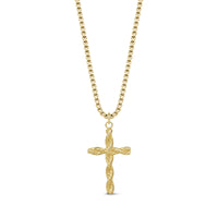 Gold twisted rope cross pendant necklace with 2mm round box link chain, adjustable length