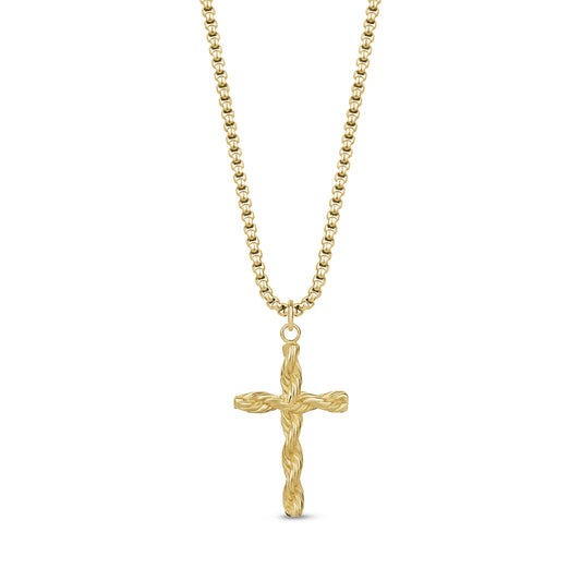 Gold twisted rope cross pendant necklace with 2mm round box link chain, adjustable length