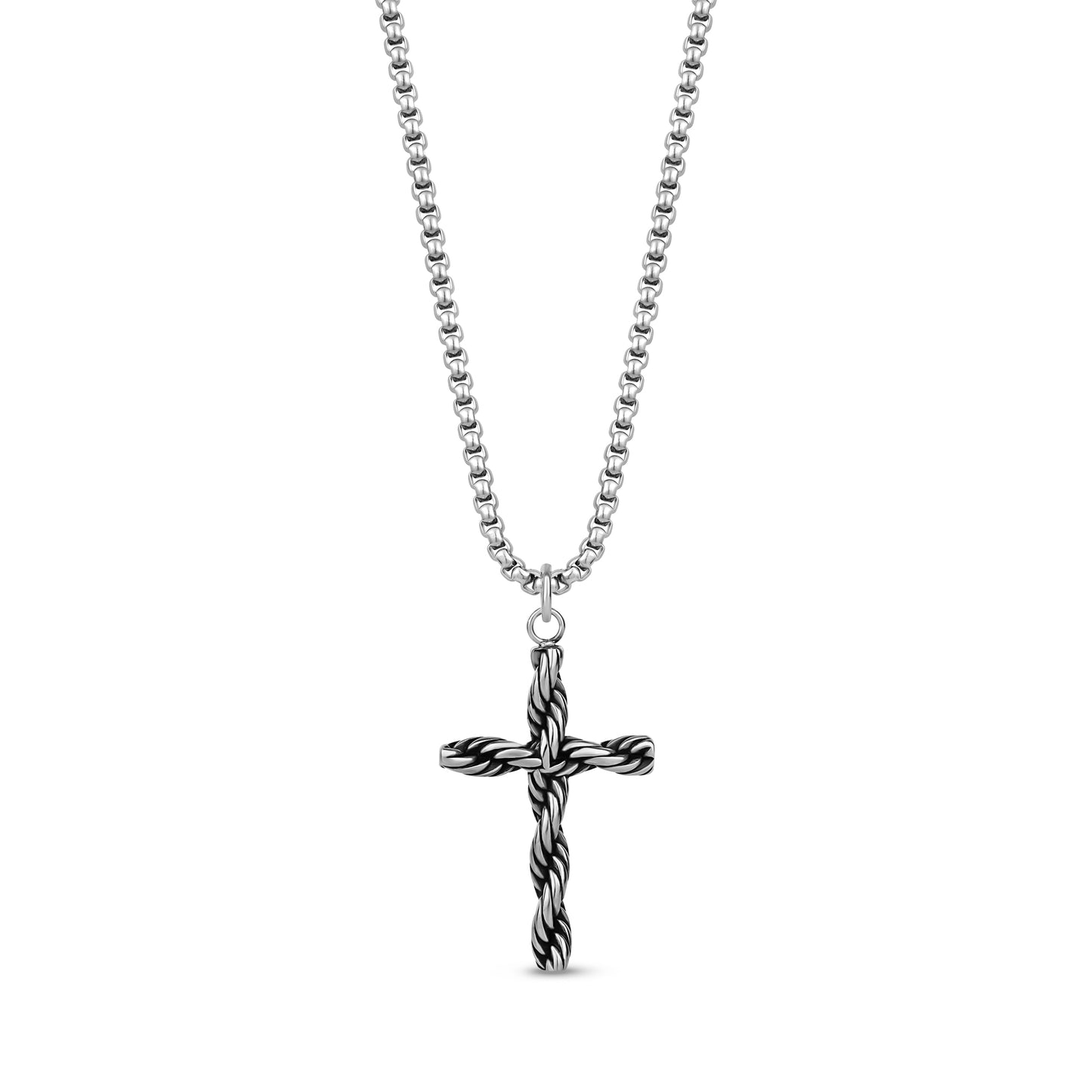 Silver twisted rope cross pendant necklace with 2mm round box link chain, adjustable length