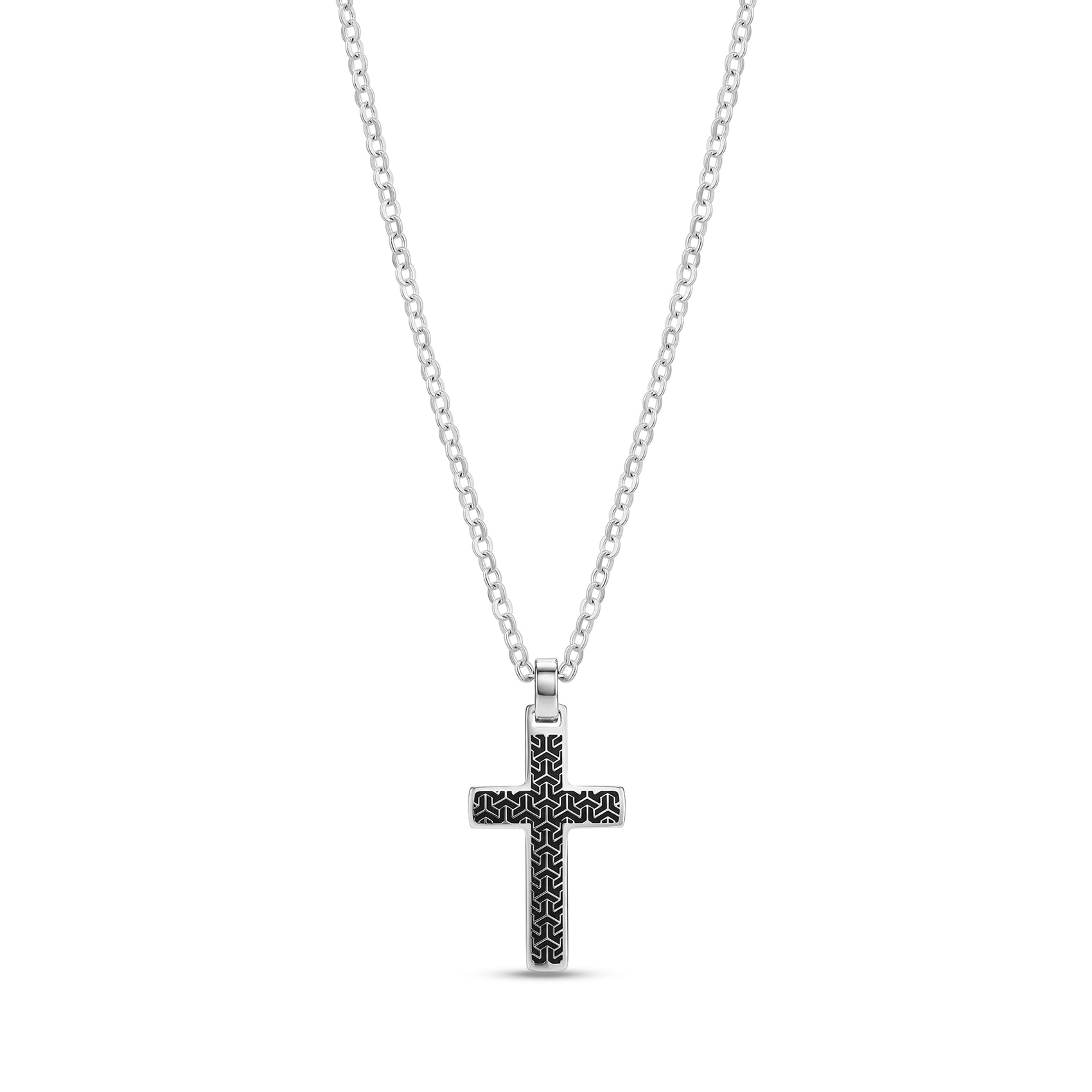 Front view of a stainless steel necklace featuring a black detailed cross pendant with intricate pattern, hanging on a 2.5mm anchor chain.