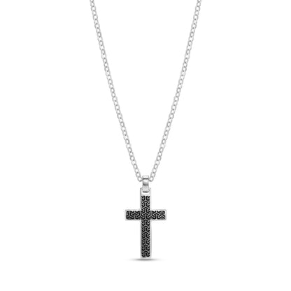 Front view of a stainless steel necklace featuring a black detailed cross pendant with intricate pattern, hanging on a 2.5mm anchor chain.