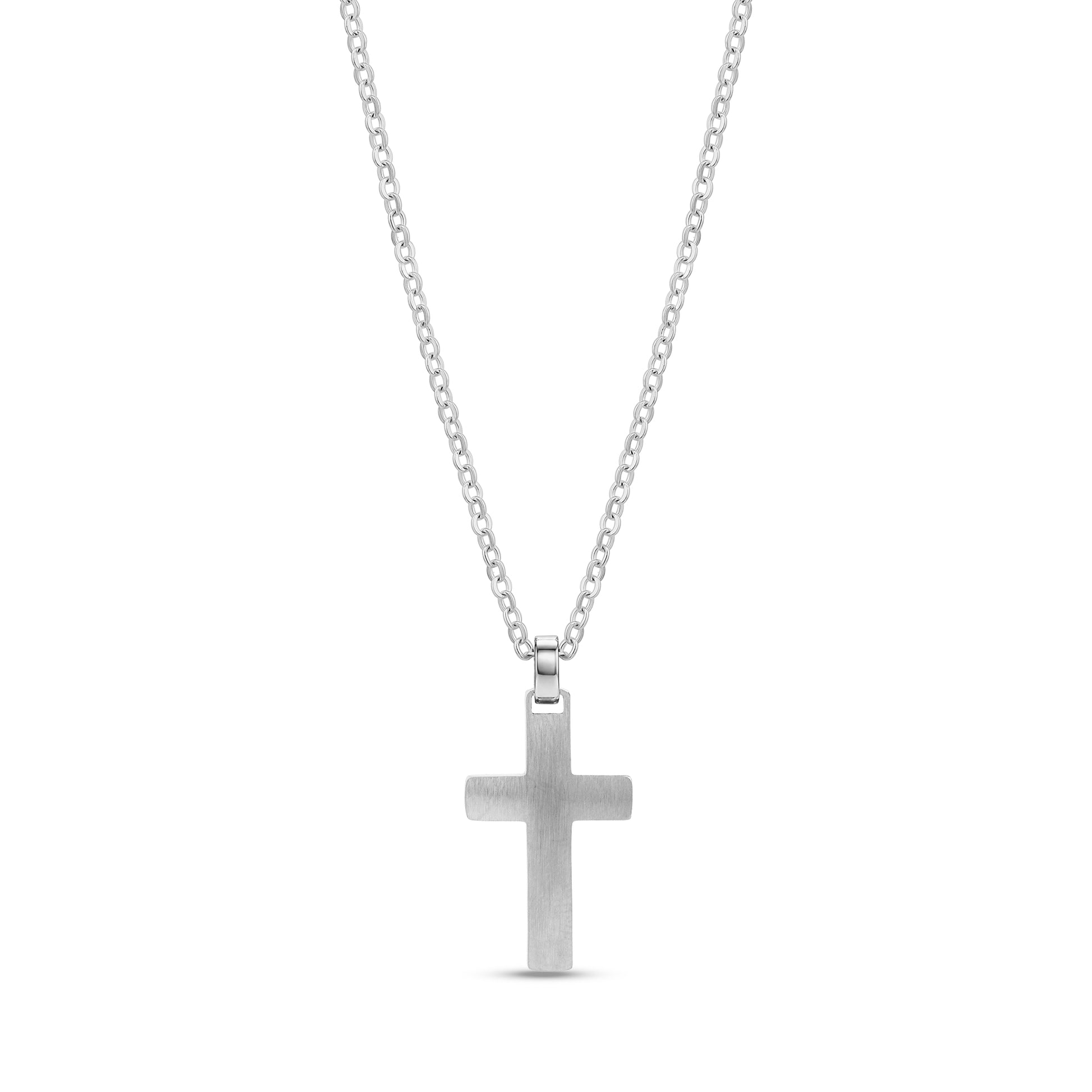 Back view of a stainless steel necklace showing the smooth, engravable backside of the cross pendant on the same chain.