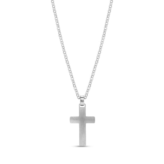 Back view of a stainless steel necklace showing the smooth, engravable backside of the cross pendant on the same chain.