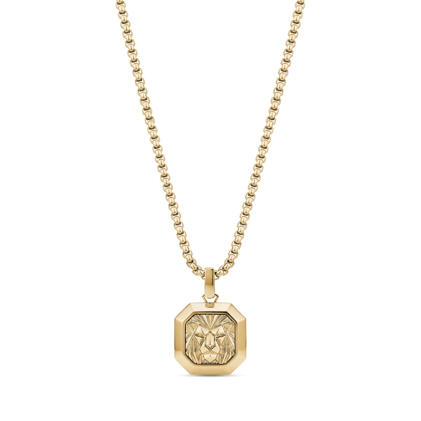 Front view of gold lion pendant on 24 inch 2mm round box chain