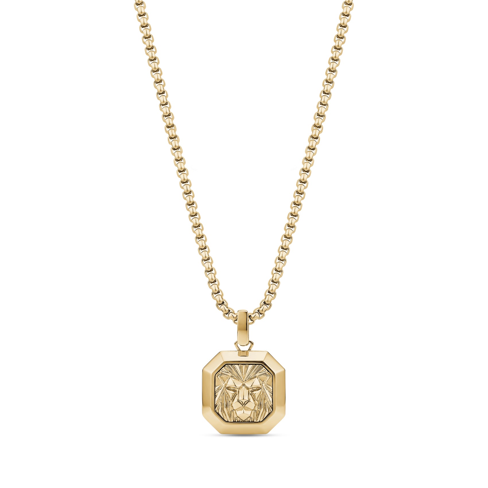 Front view of gold lion pendant on 24 inch 2mm round box chain