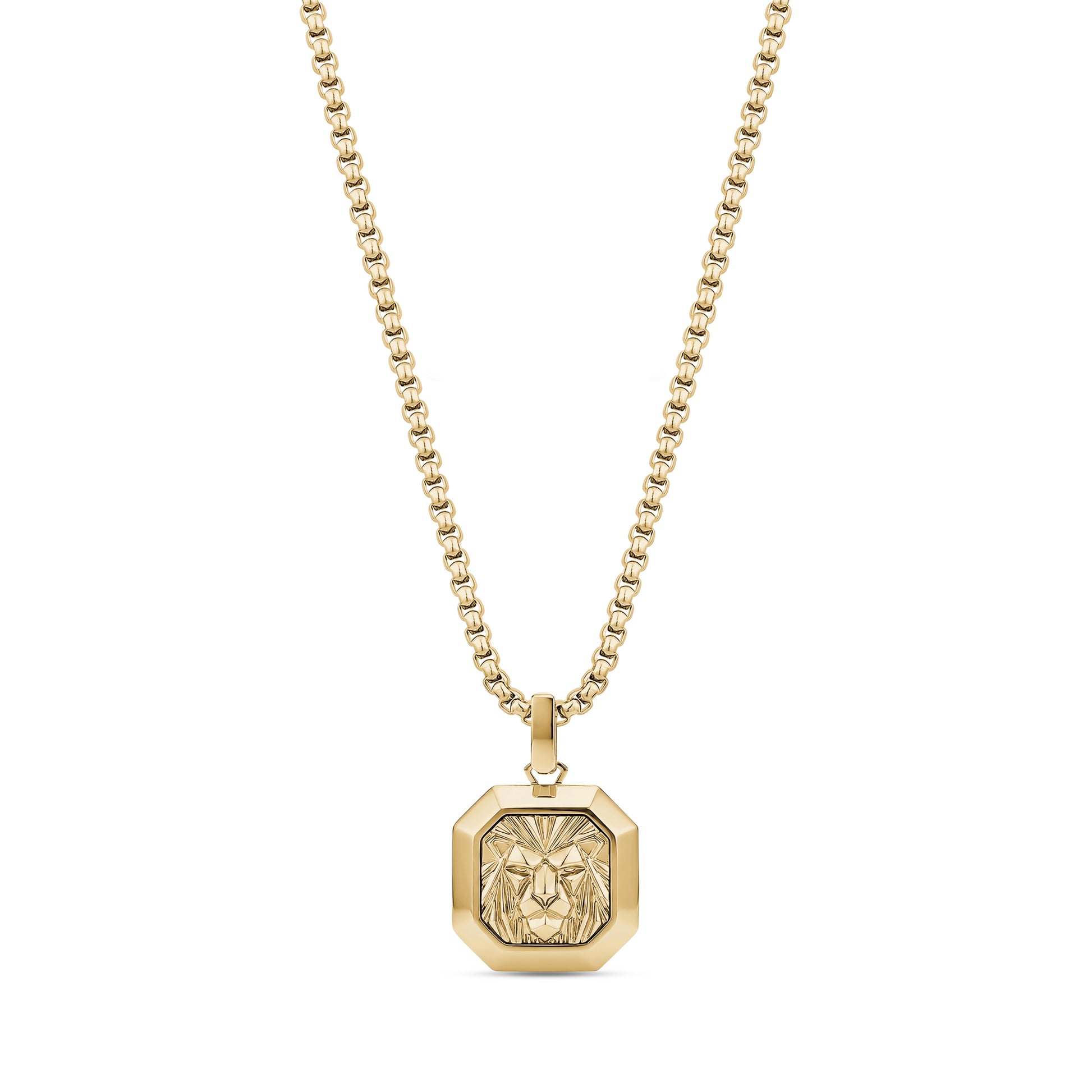 Front view of gold lion pendant on 24 inch 2mm round box chain