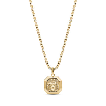 Front view of gold lion pendant on 24 inch 2mm round box chain