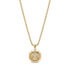 Front view of gold lion pendant on 24 inch 2mm round box chain