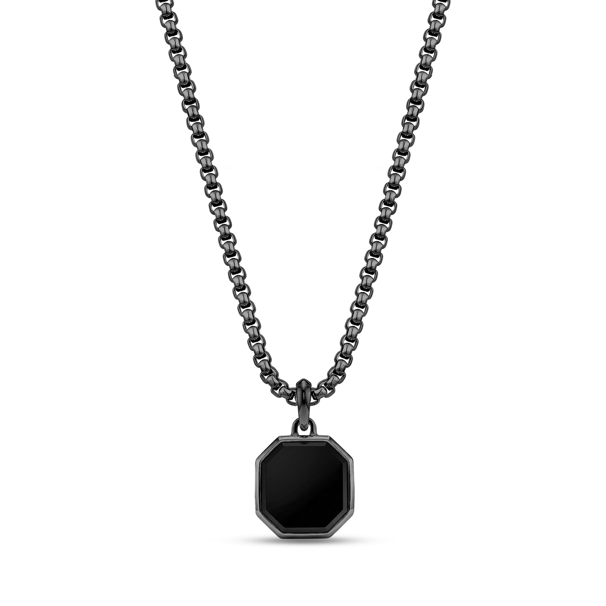 Front view of men's black onyx octagon pendant on 22 inch 3mm round box link stainless steel chain