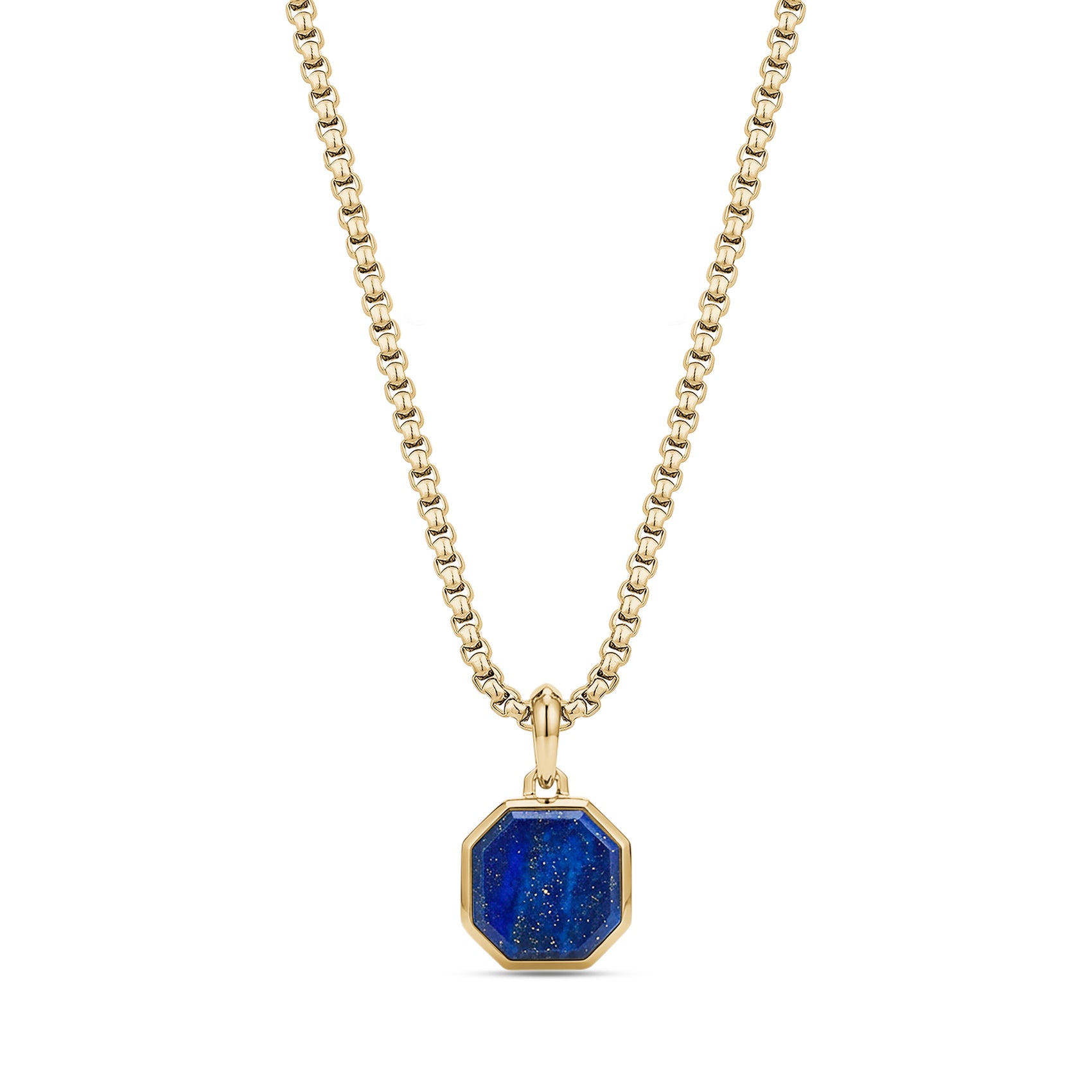 Front view of a men's necklace featuring a 17mm octagon lapis lazuli stone set in gold-tone stainless steel on a 22-inch round box link chain