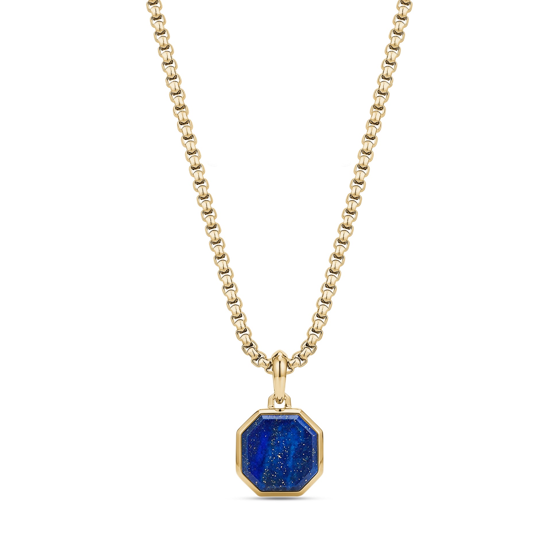 Front view of a men's necklace featuring a 17mm octagon lapis lazuli stone set in gold-tone stainless steel on a 22-inch round box link chain