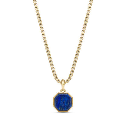 Front view of a men's necklace featuring a 17mm octagon lapis lazuli stone set in gold-tone stainless steel on a 22-inch round box link chain