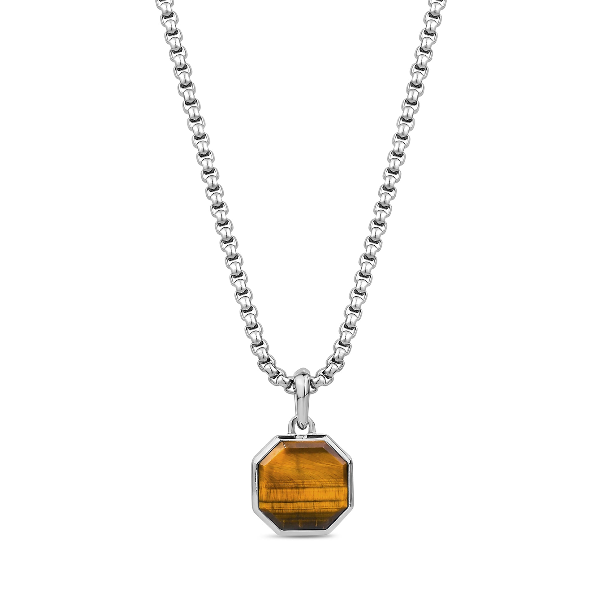 Front view of men's necklace with octagon tiger’s eye pendant on 3mm stainless steel round box link chain
