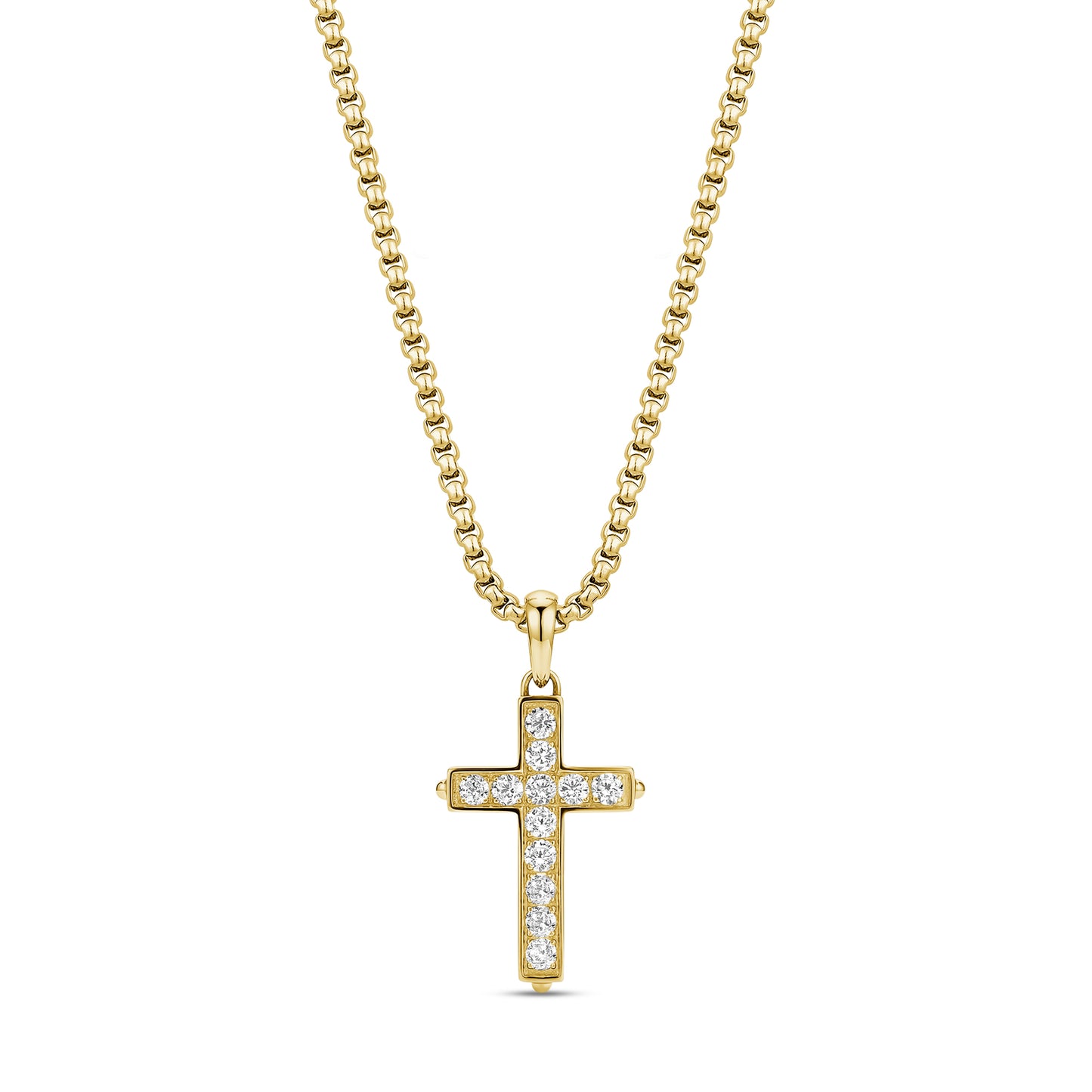 Gold pavé cubic zirconia cross pendant on 3mm round box link chain, 22 inches long