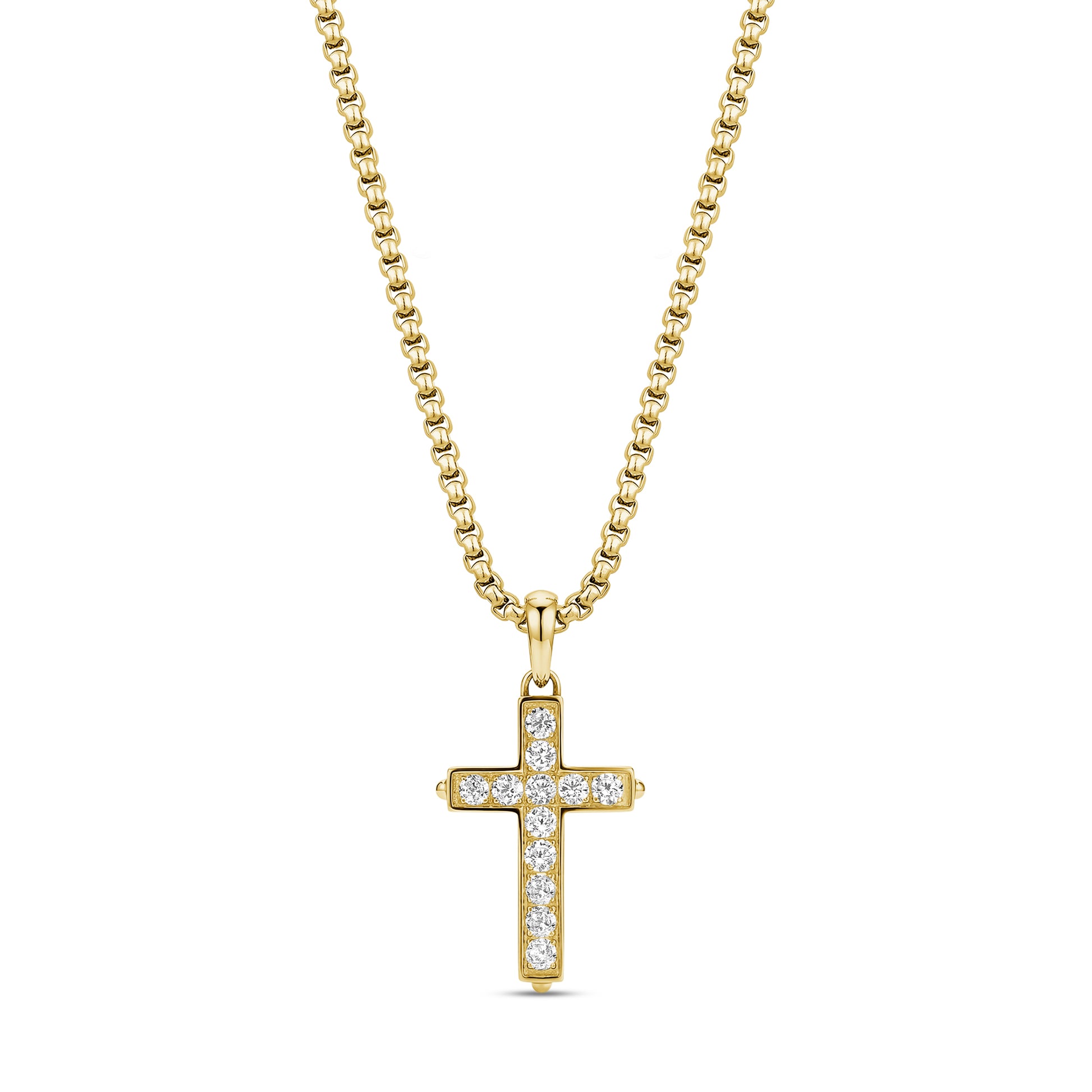 Gold pavé cubic zirconia cross pendant on 3mm round box link chain, 22 inches long