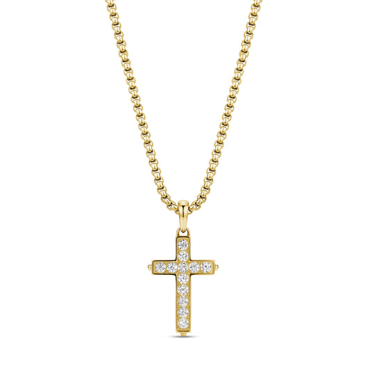 Gold pavé cubic zirconia cross pendant on 3mm round box link chain, 22 inches long