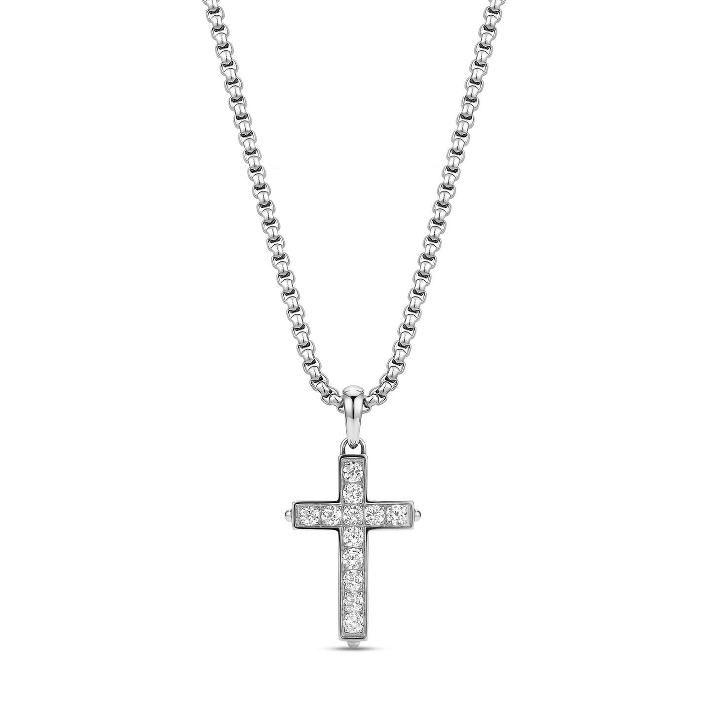 Silver pavé cubic zirconia cross pendant on 3mm round box link chain, 22 inches long