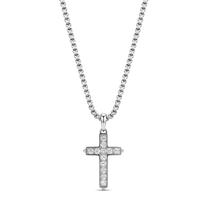 Silver pavé cubic zirconia cross pendant on 3mm round box link chain, 22 inches long