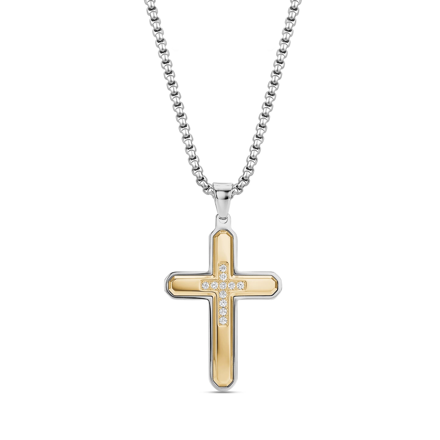Contemporary two tone cross pendant necklace for men with cubic zirconia stones on stainless steel chain