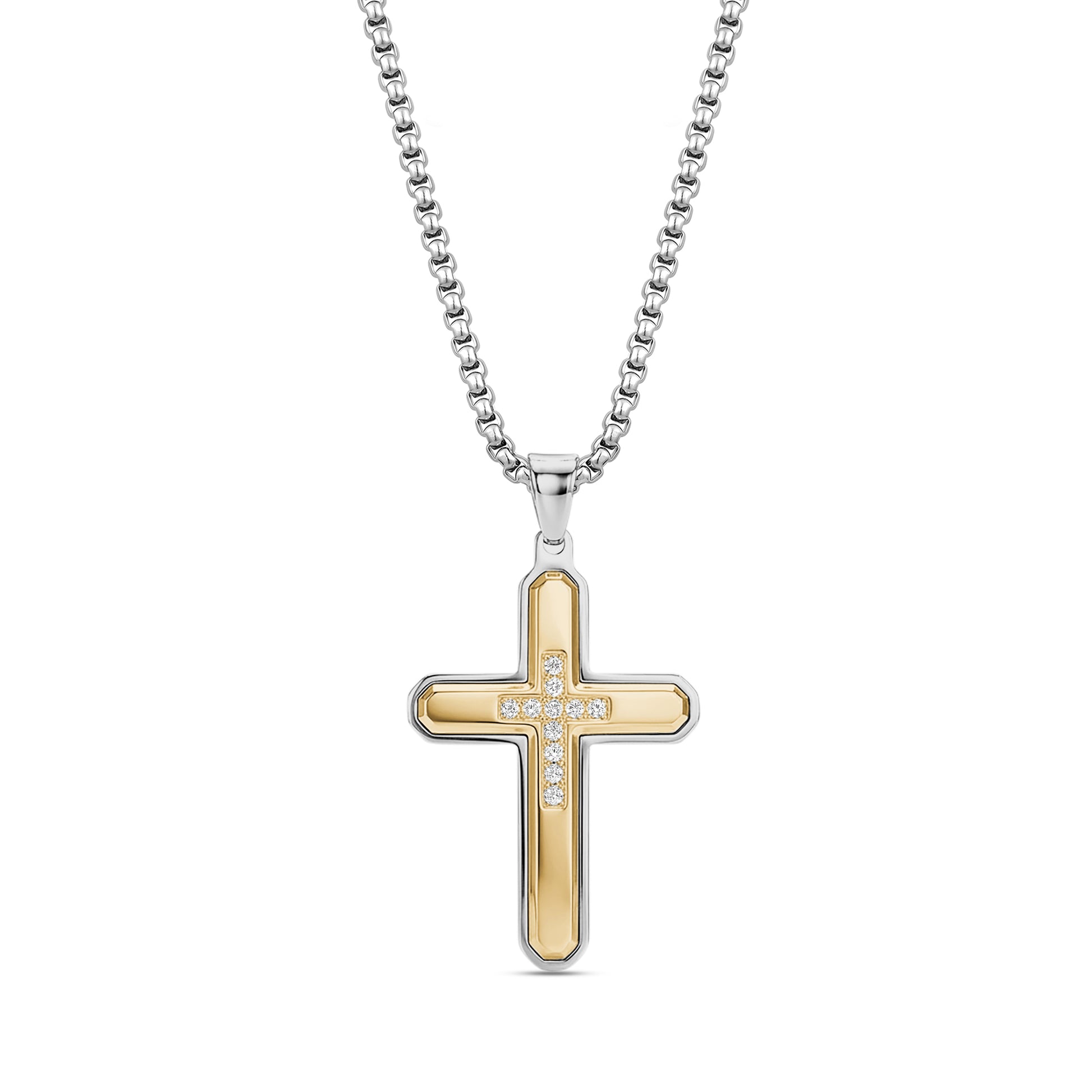 Contemporary two tone cross pendant necklace for men with cubic zirconia stones on stainless steel chain