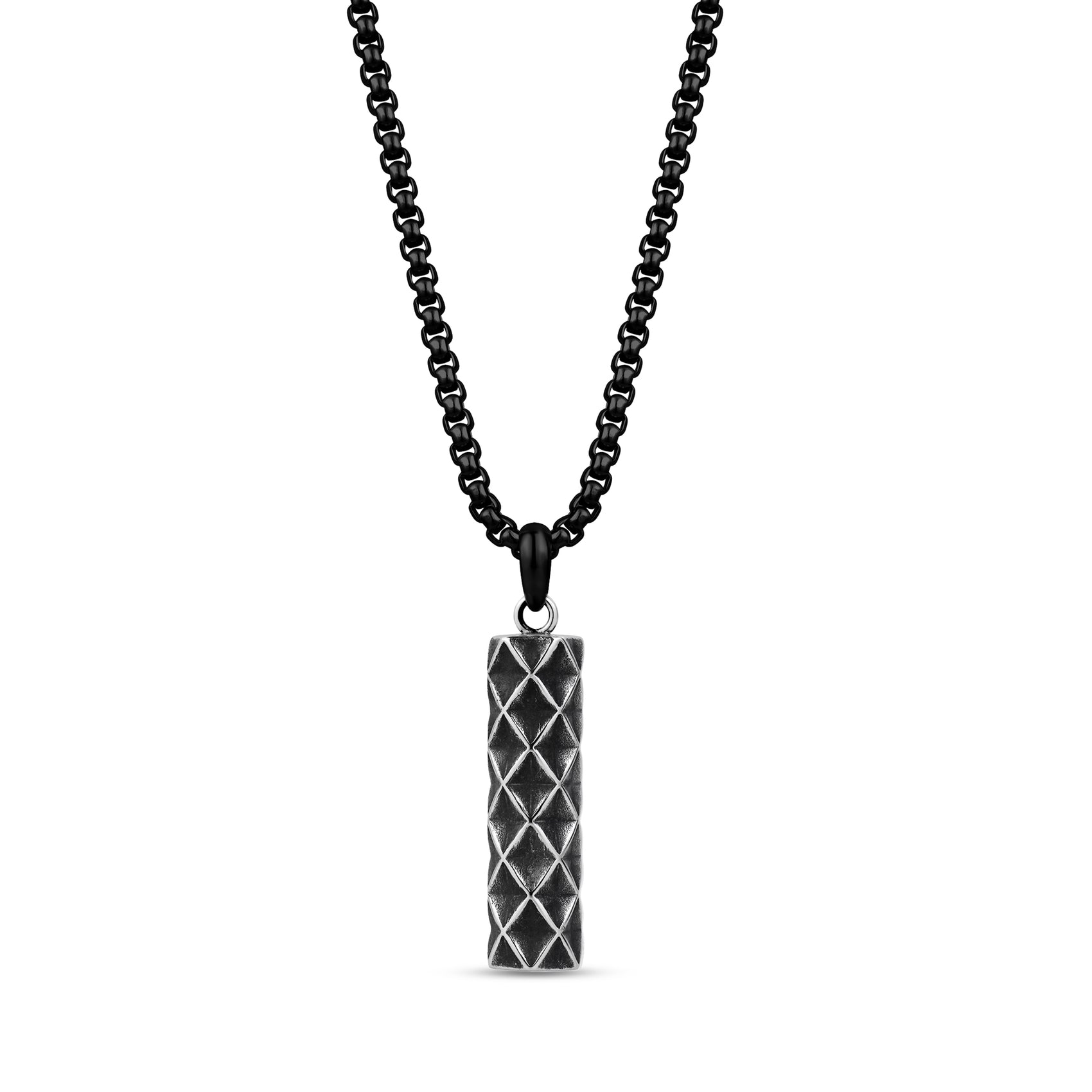 Black Armor Urn Pendant Necklace with diamond-patterned black stainless steel pendant on round box chain