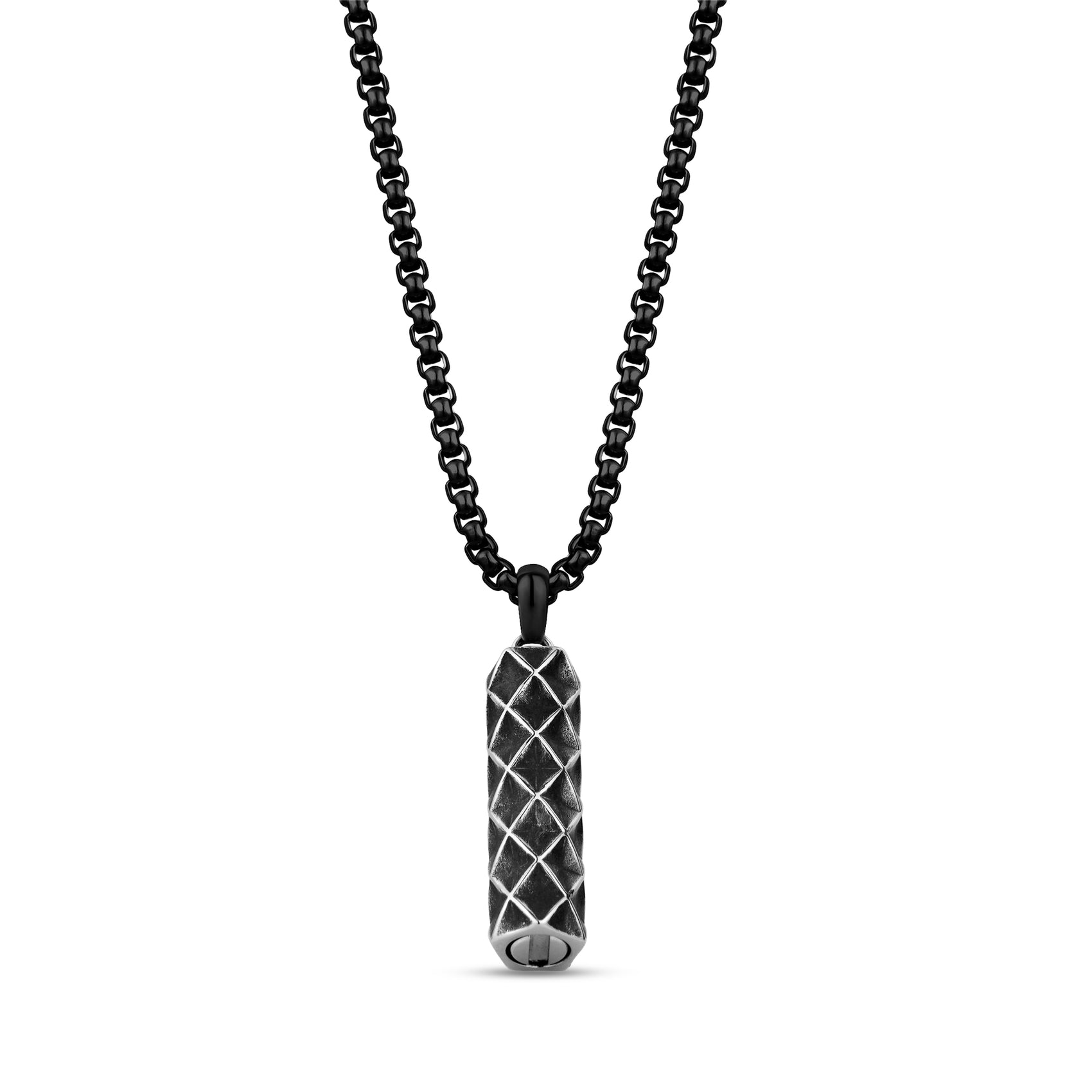 Black Armor Urn Pendant Necklace showing secure screw compartment at bottom of diamond-patterned pendant