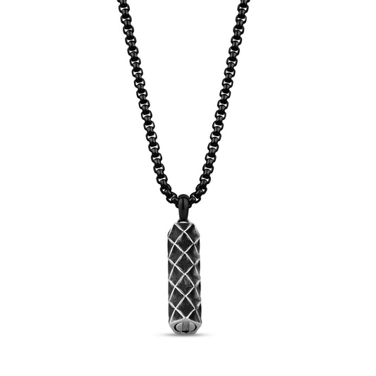 Black Armor Urn Pendant Necklace showing secure screw compartment at bottom of diamond-patterned pendant