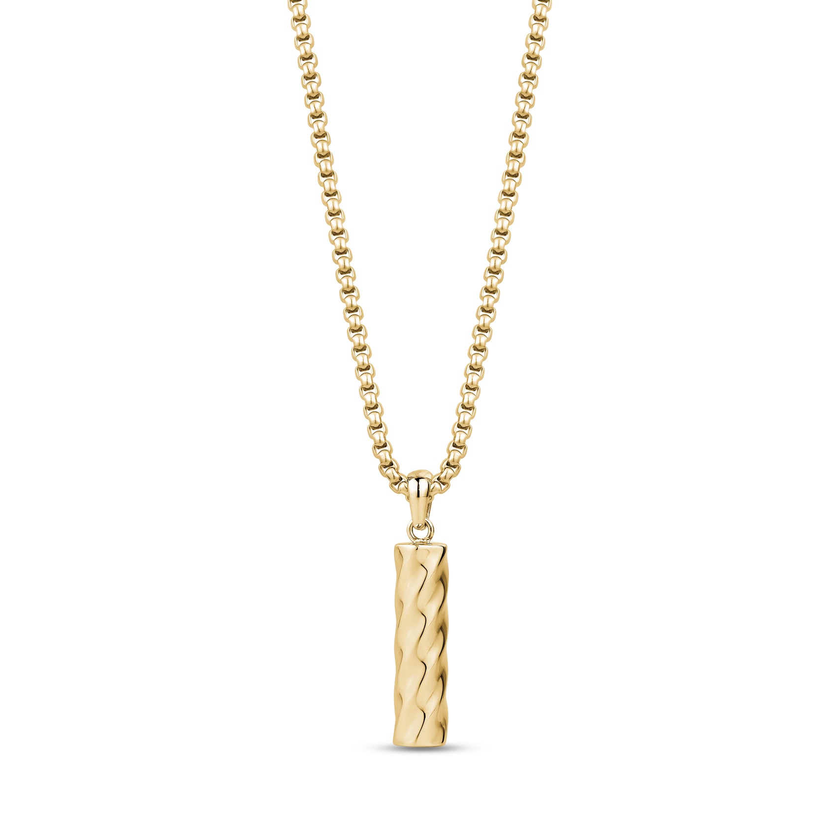 Front view of gold-tone Eternal Flow urn pendant necklace with textured cylindrical pendant on 24 inch adjustable round box link chain