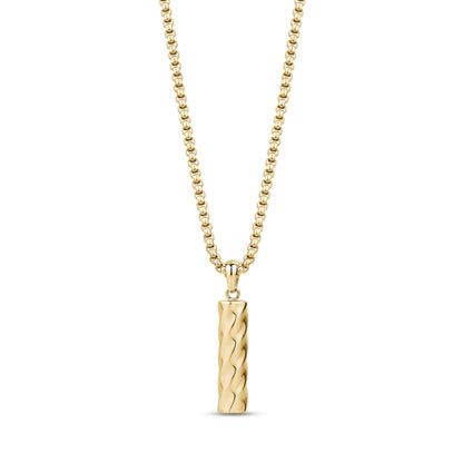 Front view of gold-tone Eternal Flow urn pendant necklace with textured cylindrical pendant on 24 inch adjustable round box link chain