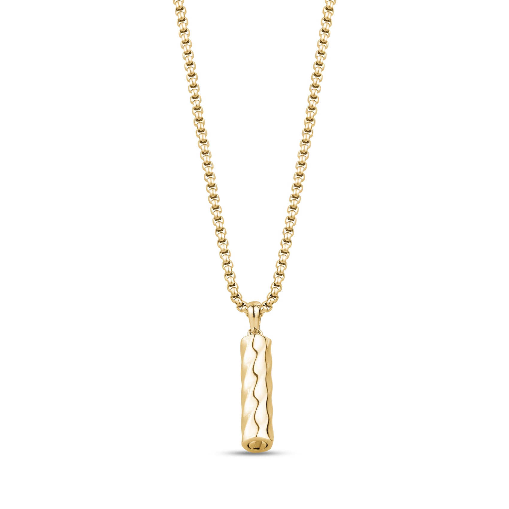 Back view of gold-tone Eternal Flow urn pendant necklace highlighting screw compartment at pendant bottom and round box link chain