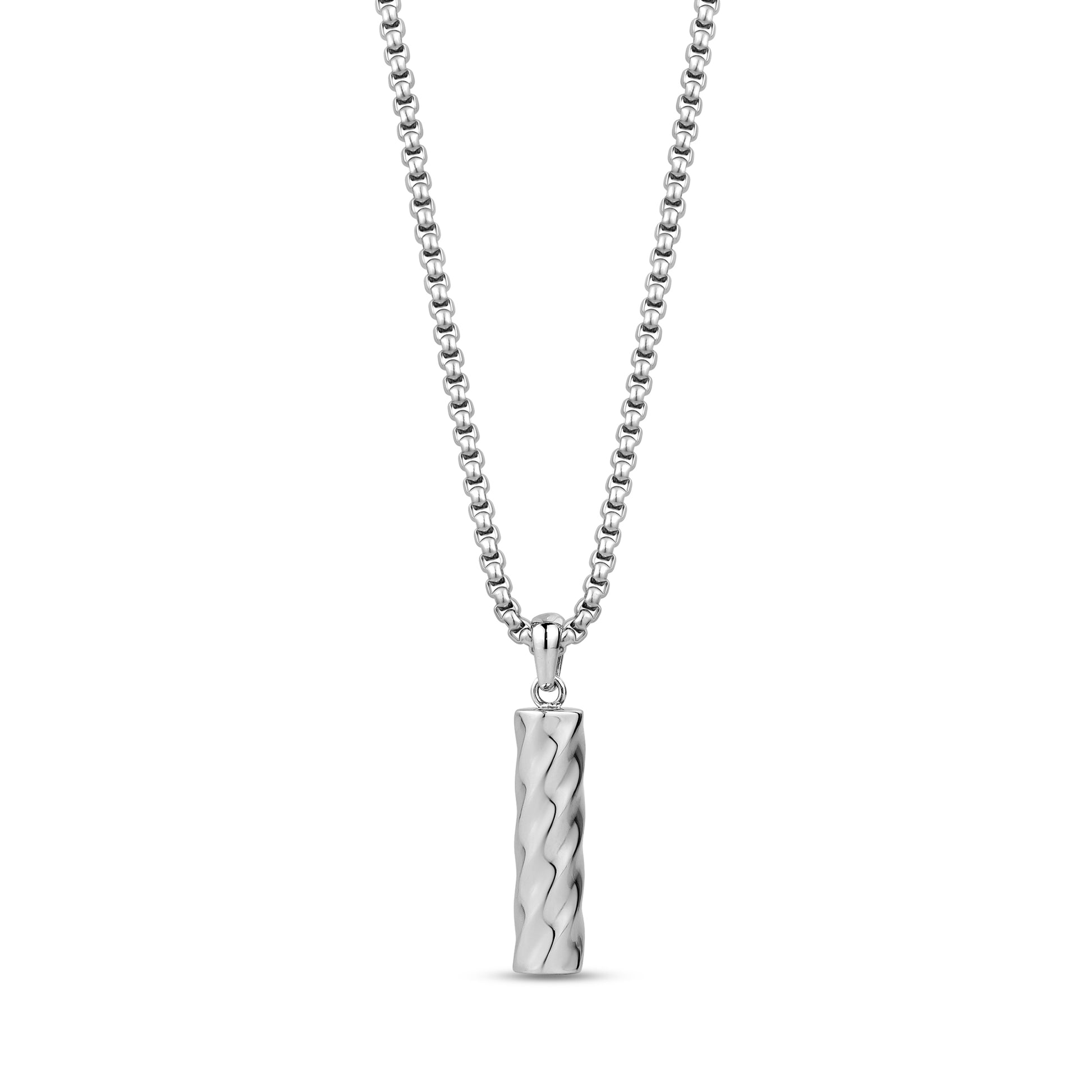 Front view of stainless steel Eternal Flow urn pendant necklace with textured cylindrical pendant and round box link chain
