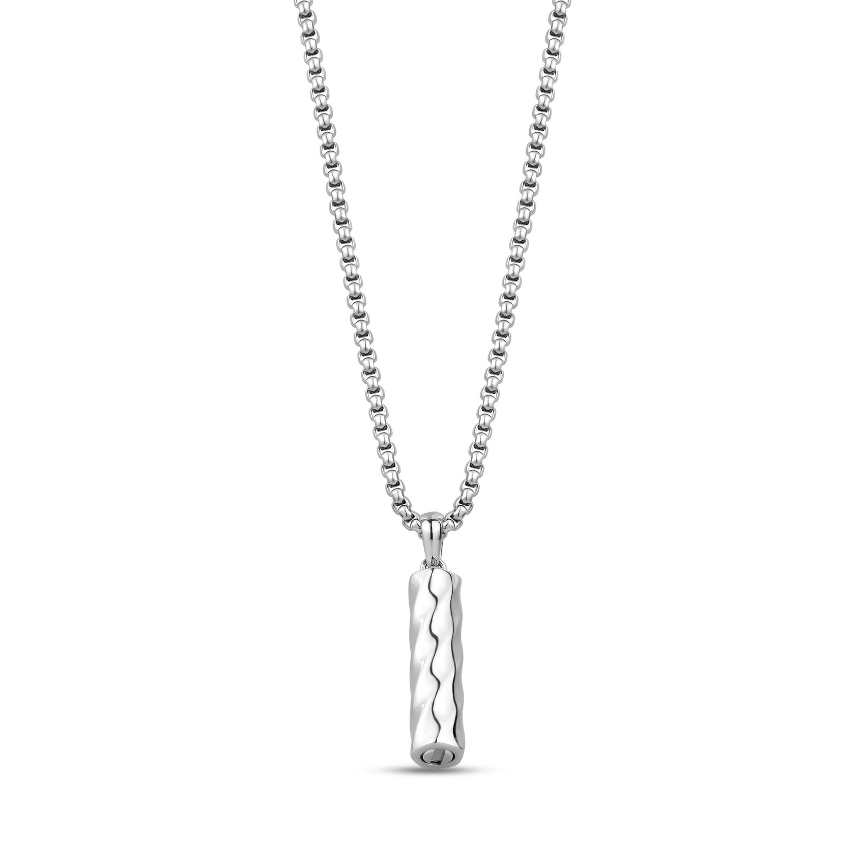 Back view of stainless steel Eternal Flow urn pendant necklace showing bottom screw compartment on pendant and round box chain