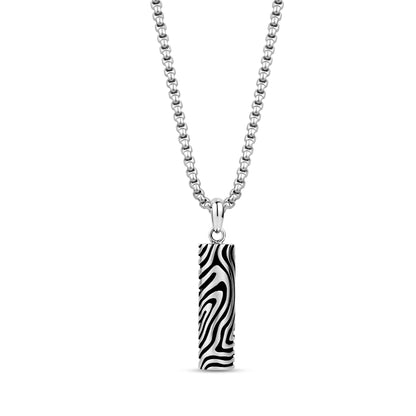 Front view of black marble urn pendant necklace with swirling black and silver marble pattern on a silver round box link chain