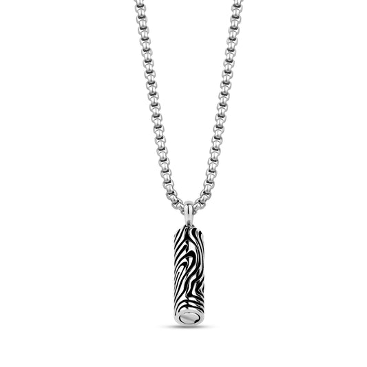 Back view of black marble urn pendant necklace showing screw compartment base and silver round box link chain