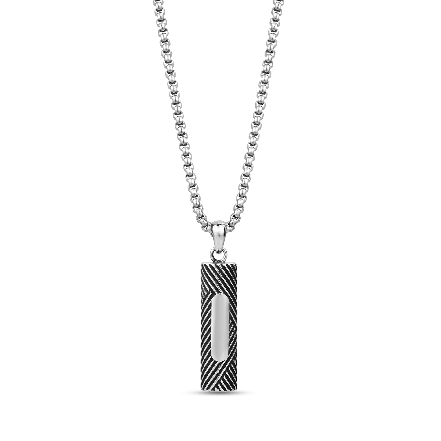 Front view of stainless steel Strata urn pendant necklace with diagonal stripe design and smooth engravable panel hanging from round box link chain