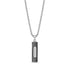 Front view of stainless steel Strata urn pendant necklace with diagonal stripe design and smooth engravable panel hanging from round box link chain