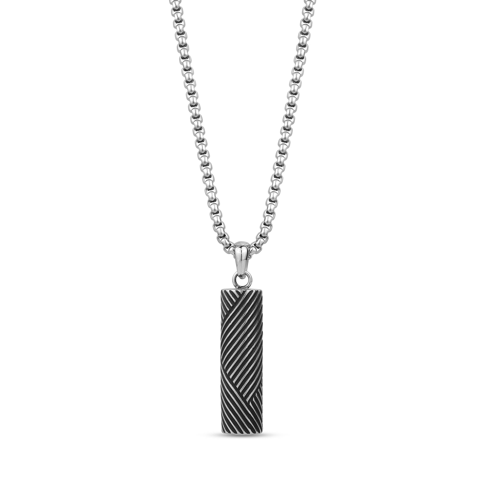 Back view of Strata urn pendant necklace highlighting entire diagonal striped design on pendant surface and chain detail