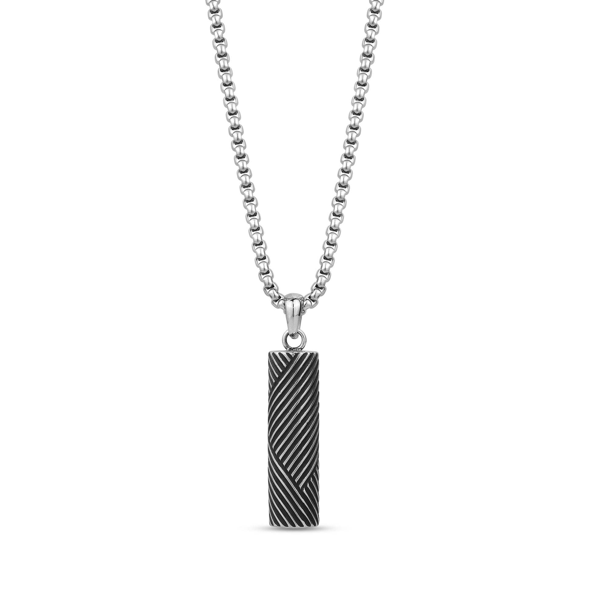 Back view of Strata urn pendant necklace highlighting entire diagonal striped design on pendant surface and chain detail