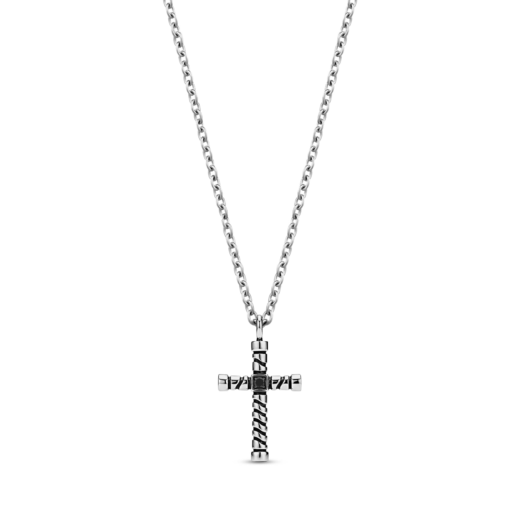Black stone rope cross pendant on a 20-inch stainless steel chain