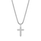 Back view of stainless steel crucifix pendant on 24 inch round box chain showing smooth engravable surface