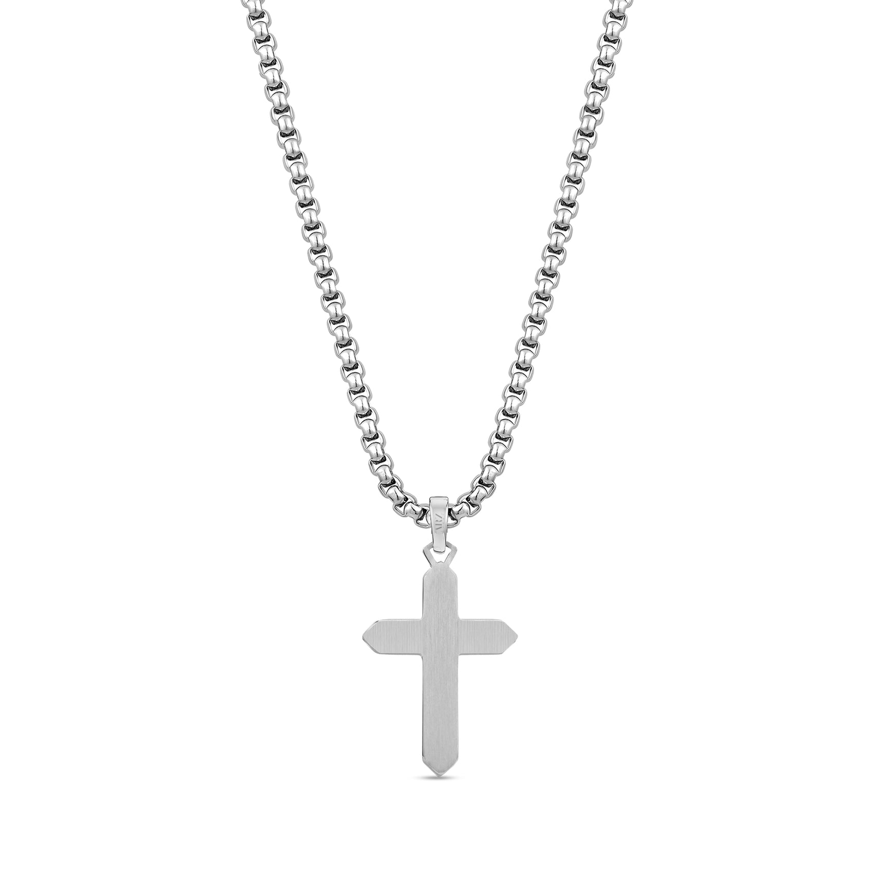 Back view of stainless steel crucifix pendant on 24 inch round box chain showing smooth engravable surface