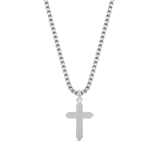 Back view of stainless steel crucifix pendant on 24 inch round box chain showing smooth engravable surface