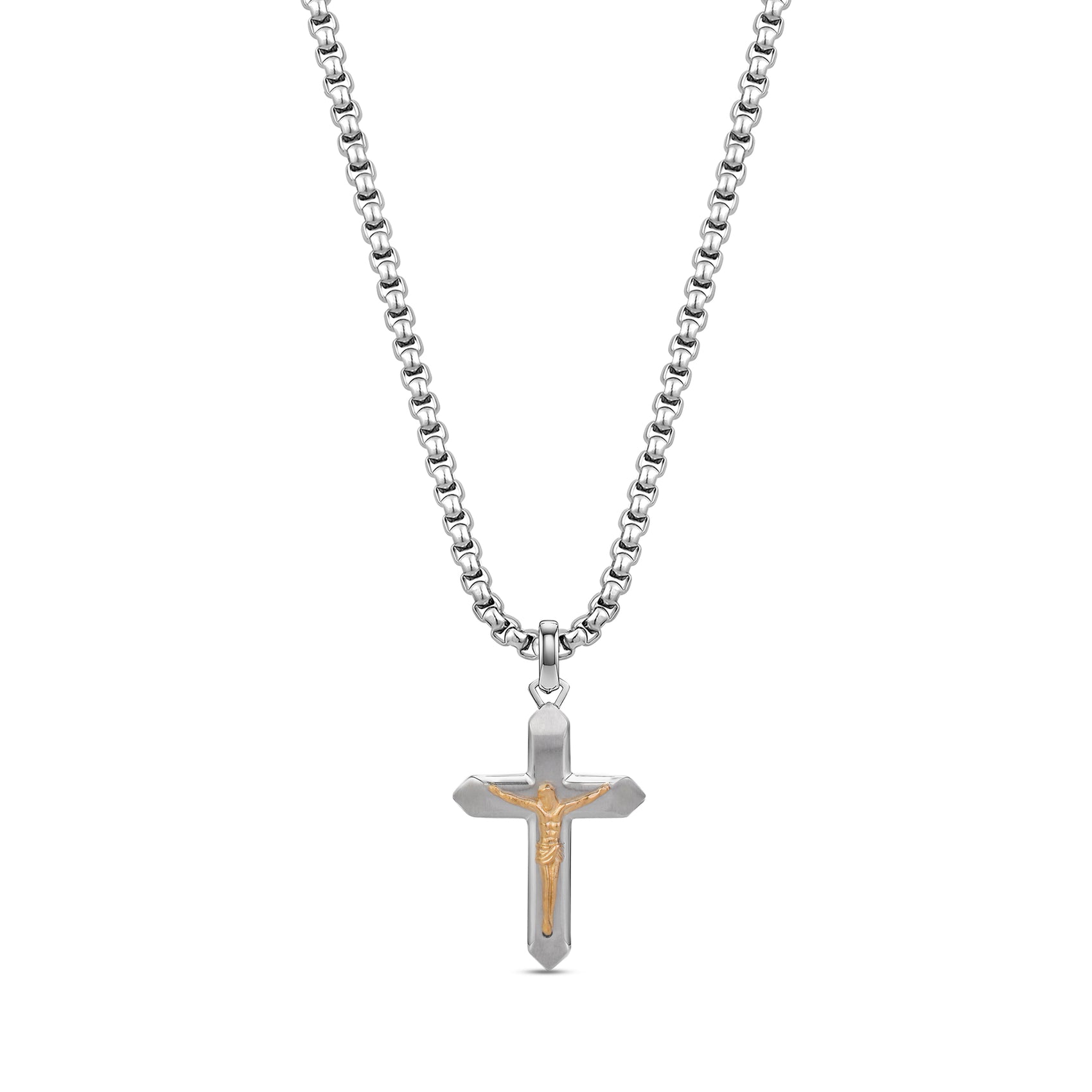 Front view of two tone crucifix pendant necklace with gold tone Jesus figure on stainless steel cross and 24 inch round box chain