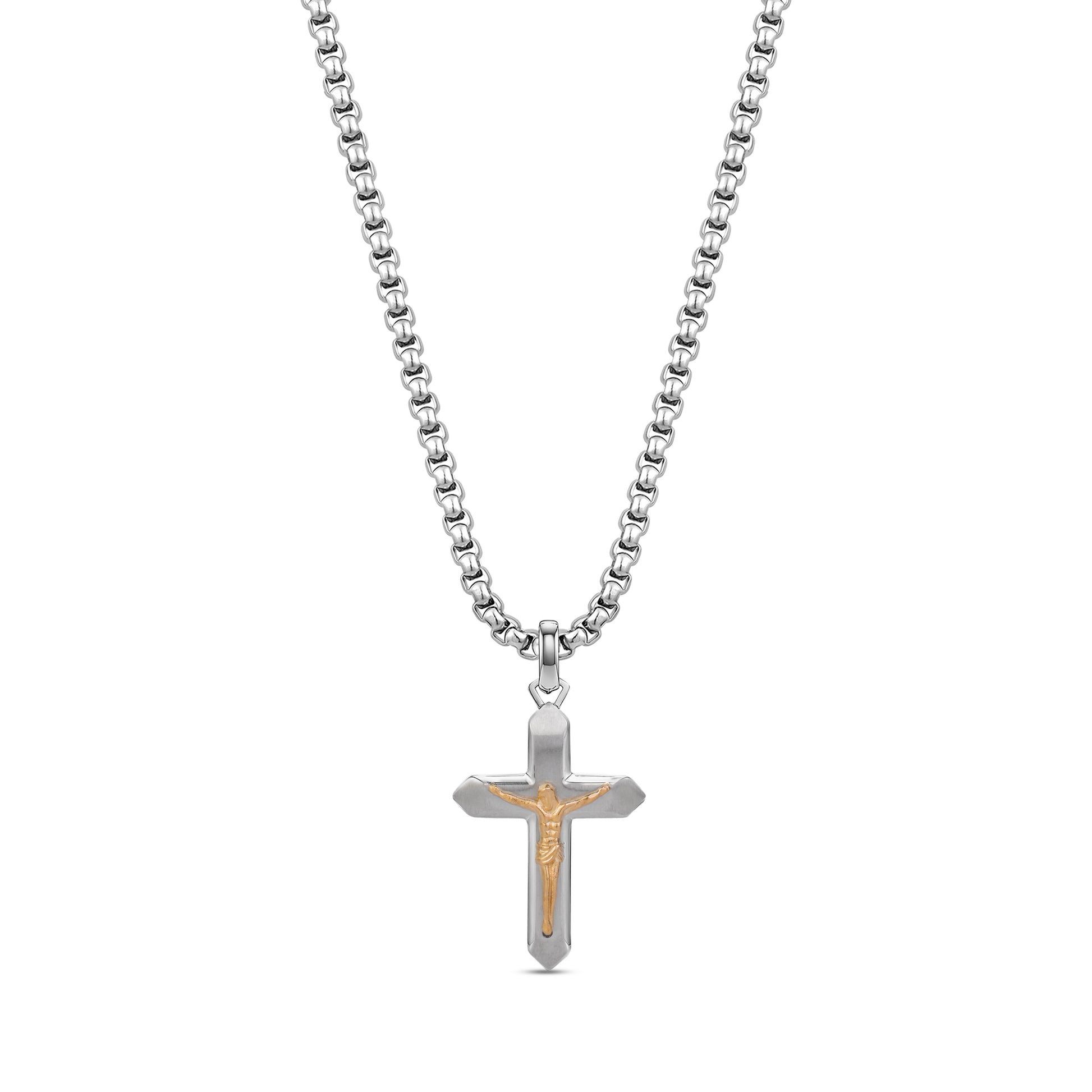 Front view of two tone crucifix pendant necklace with gold tone Jesus figure on stainless steel cross and 24 inch round box chain