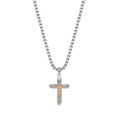 Front view of two tone crucifix pendant necklace with gold tone Jesus figure on stainless steel cross and 24 inch round box chain